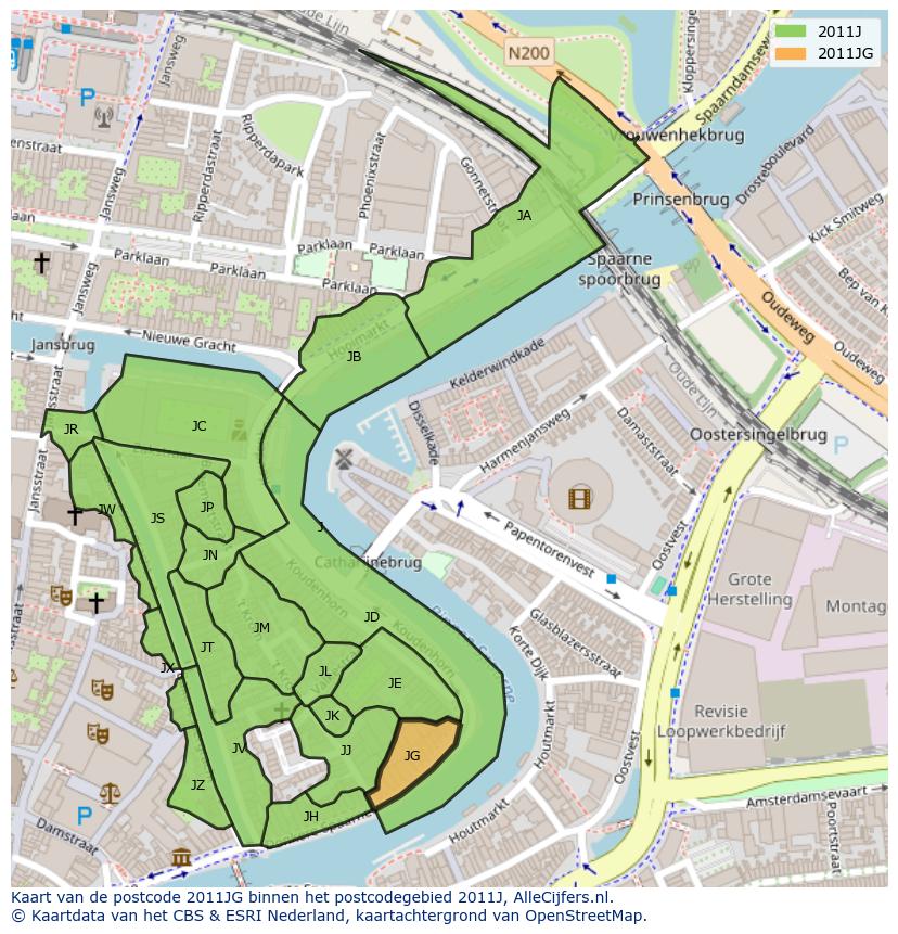 Afbeelding van het postcodegebied 2011 JG op de kaart.