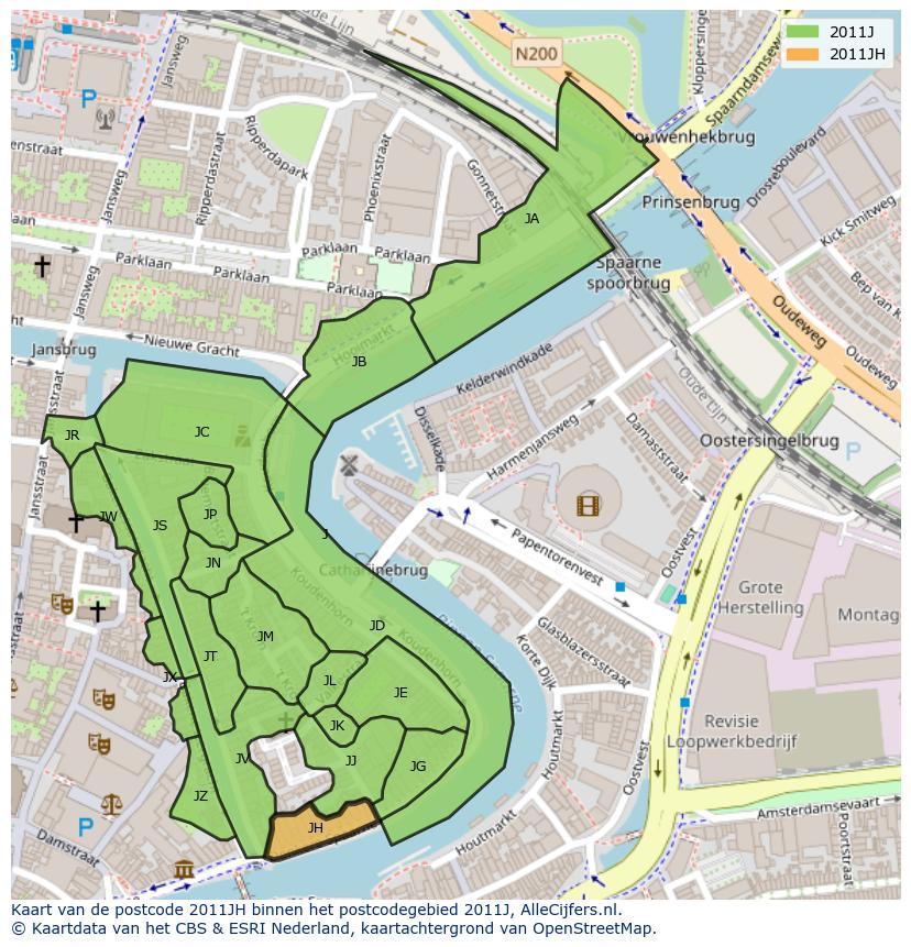 Afbeelding van het postcodegebied 2011 JH op de kaart.