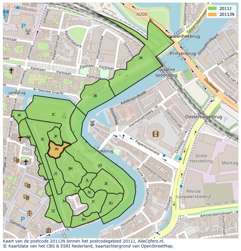 Afbeelding van het postcodegebied 2011 JN op de kaart.