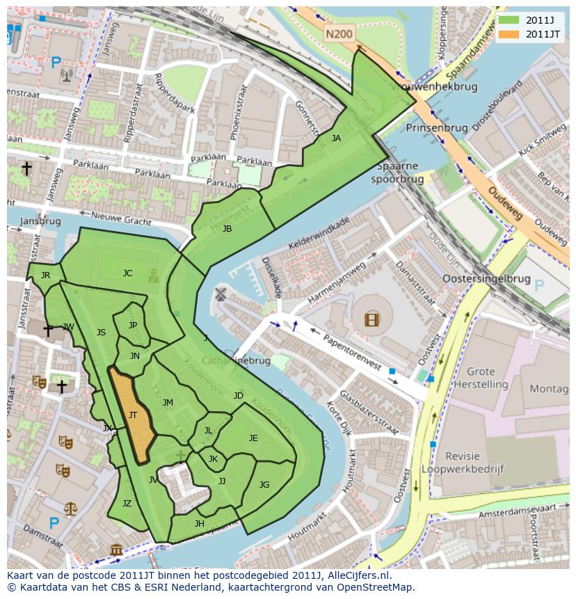 Afbeelding van het postcodegebied 2011 JT op de kaart.