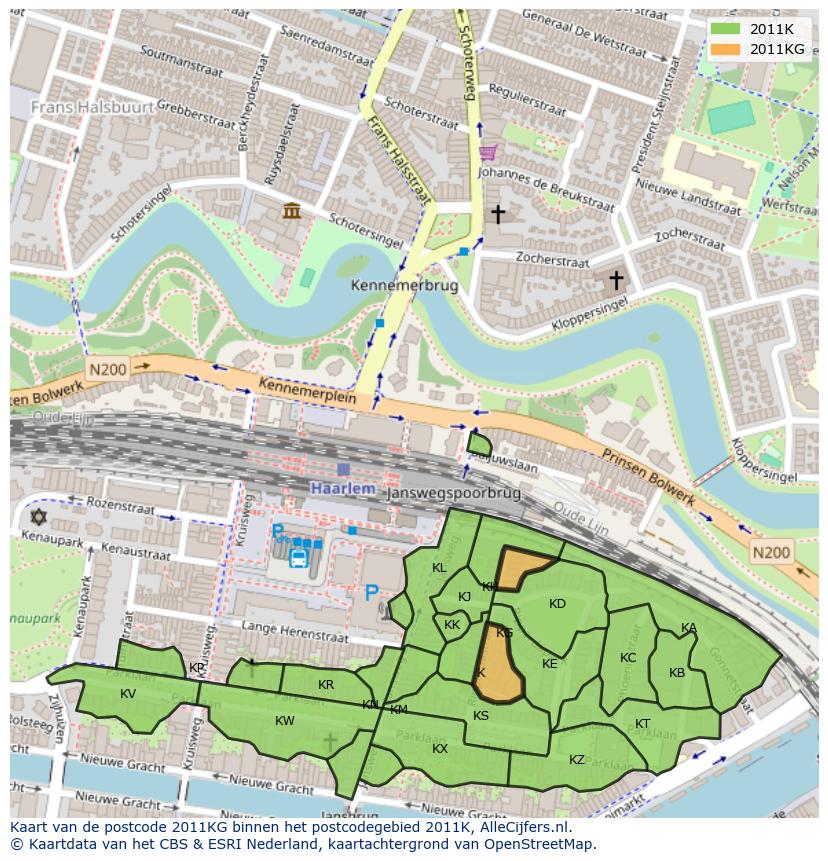 Afbeelding van het postcodegebied 2011 KG op de kaart.