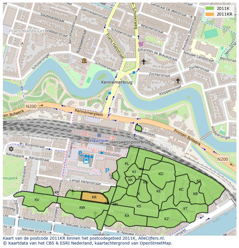 Afbeelding van het postcodegebied 2011 KR op de kaart.