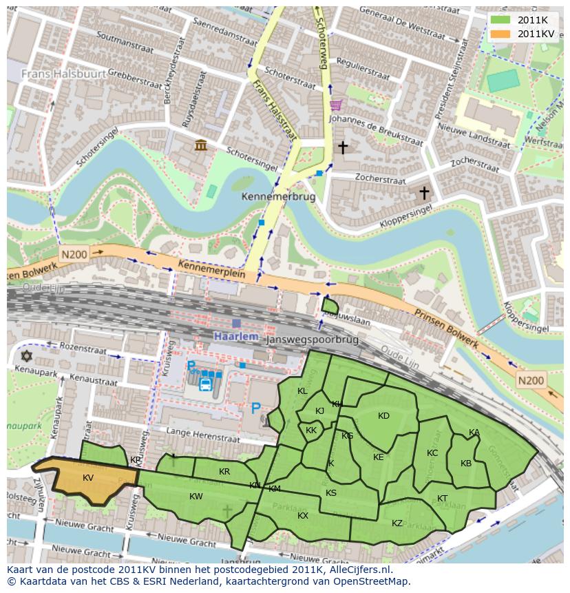Afbeelding van het postcodegebied 2011 KV op de kaart.