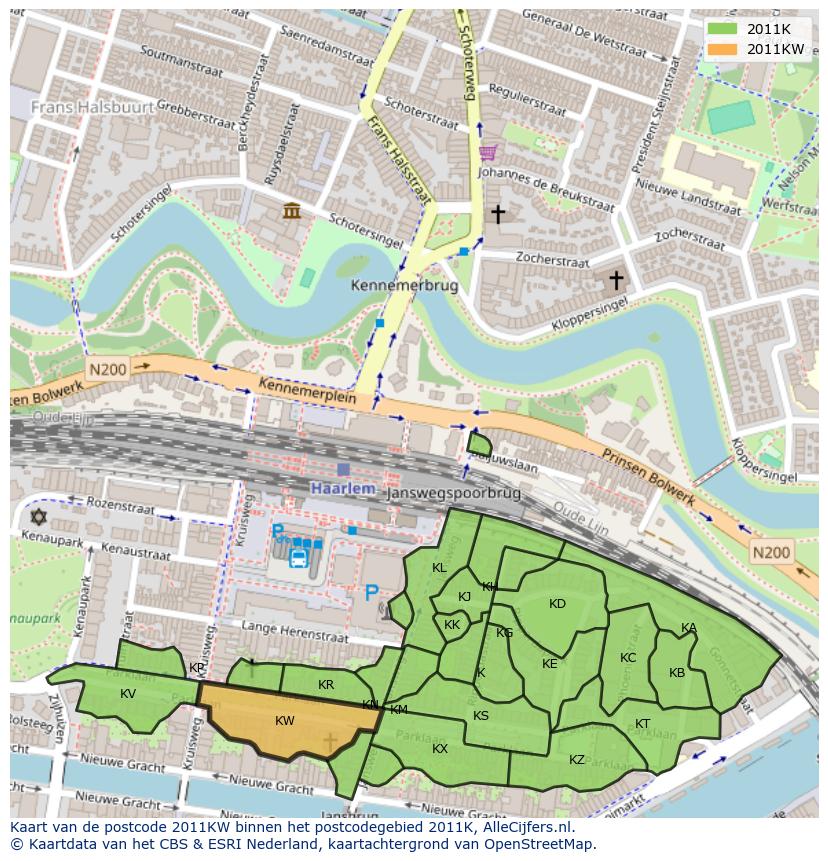 Afbeelding van het postcodegebied 2011 KW op de kaart.