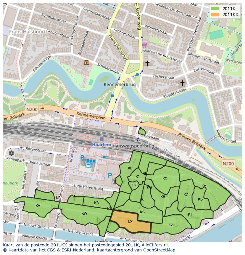 Afbeelding van het postcodegebied 2011 KX op de kaart.