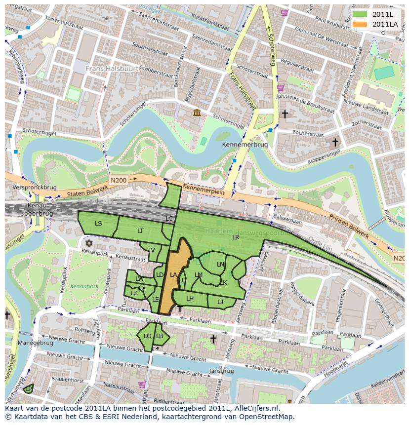 Afbeelding van het postcodegebied 2011 LA op de kaart.