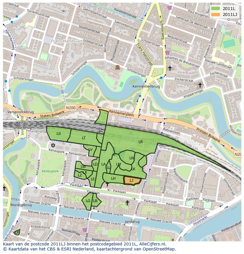 Afbeelding van het postcodegebied 2011 LJ op de kaart.