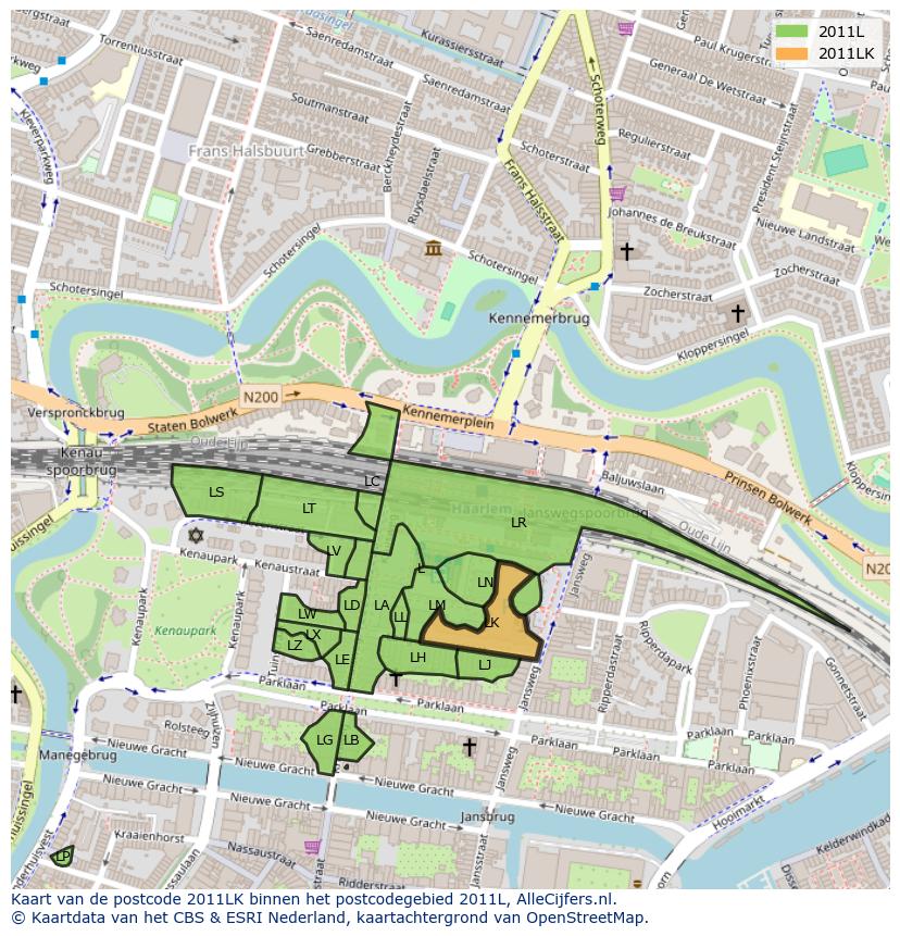 Afbeelding van het postcodegebied 2011 LK op de kaart.