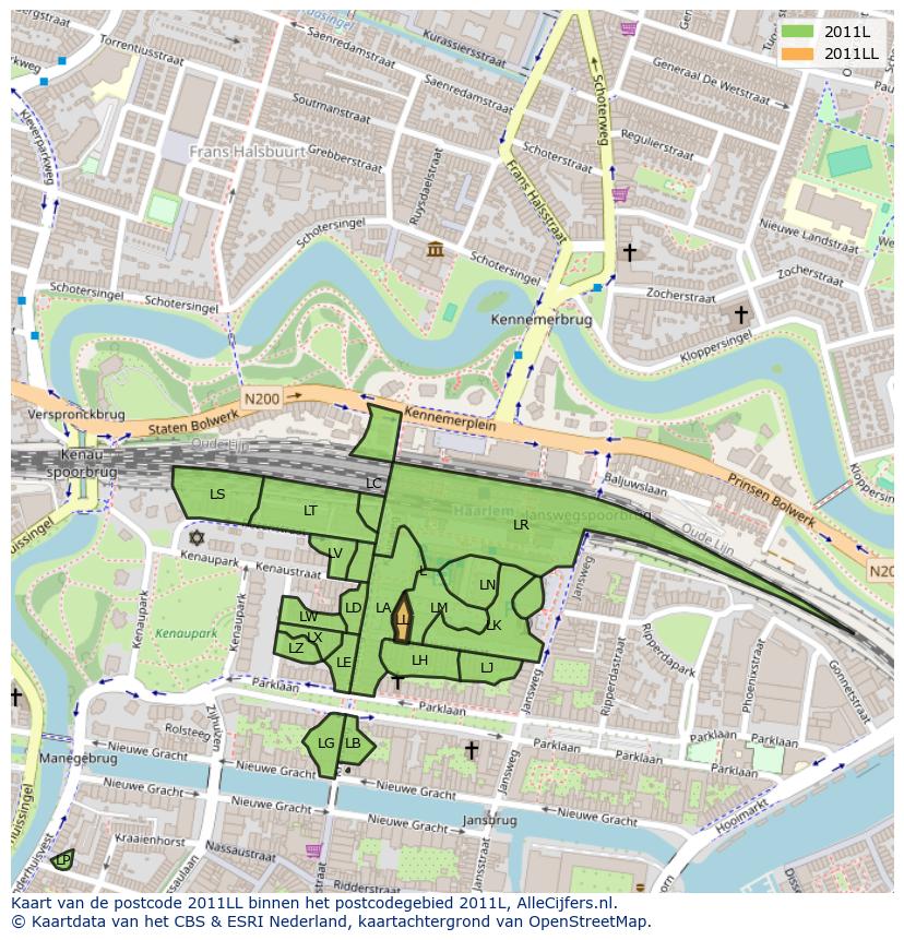 Afbeelding van het postcodegebied 2011 LL op de kaart.