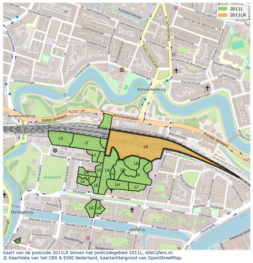 Afbeelding van het postcodegebied 2011 LR op de kaart.