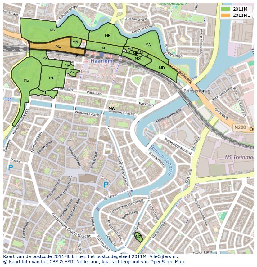 Afbeelding van het postcodegebied 2011 ML op de kaart.