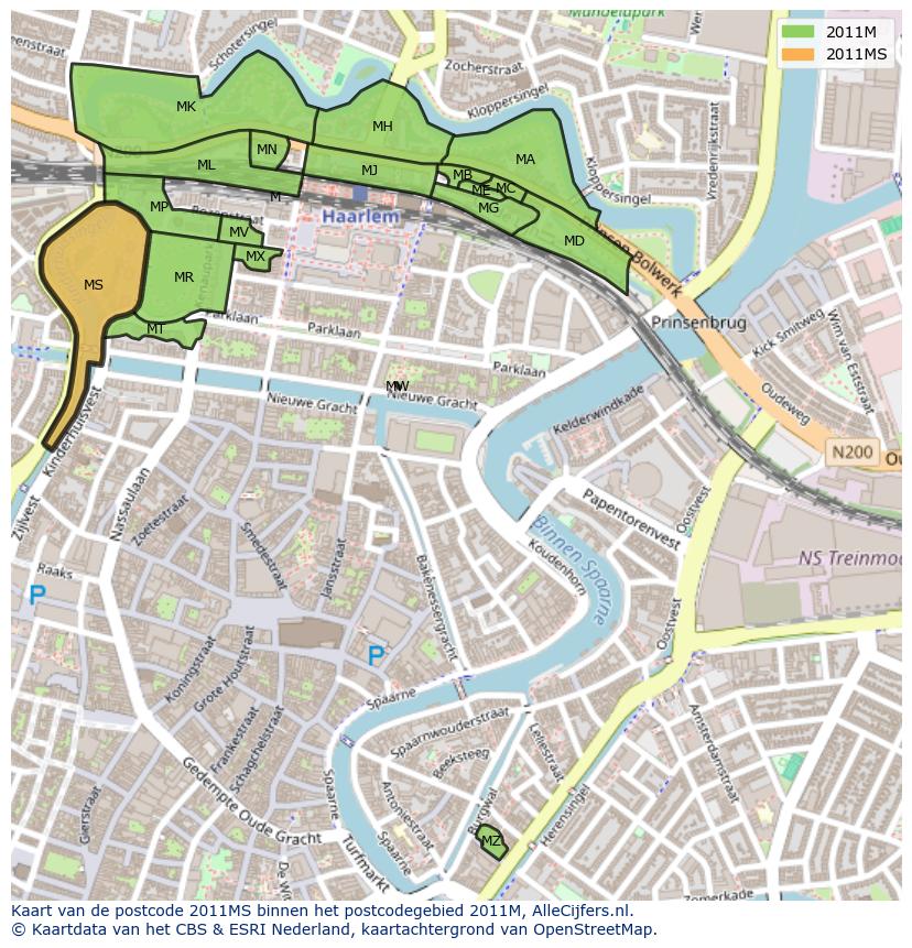 Afbeelding van het postcodegebied 2011 MS op de kaart.