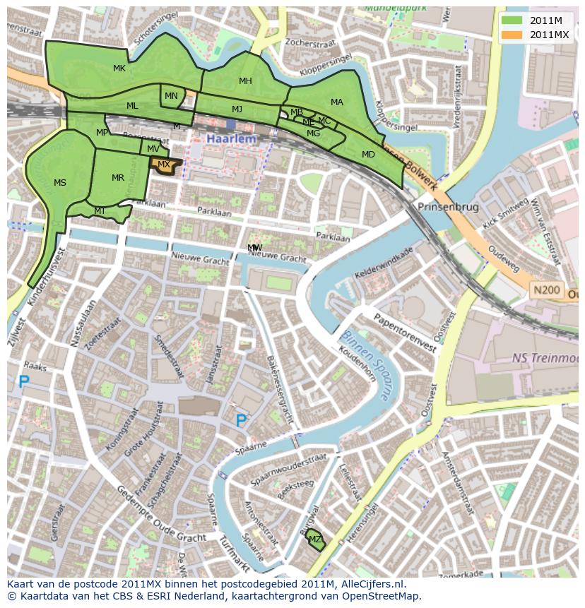 Afbeelding van het postcodegebied 2011 MX op de kaart.