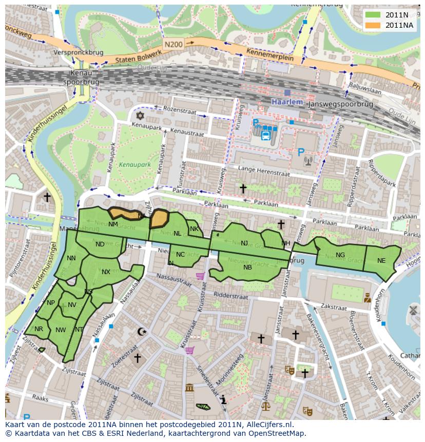 Afbeelding van het postcodegebied 2011 NA op de kaart.