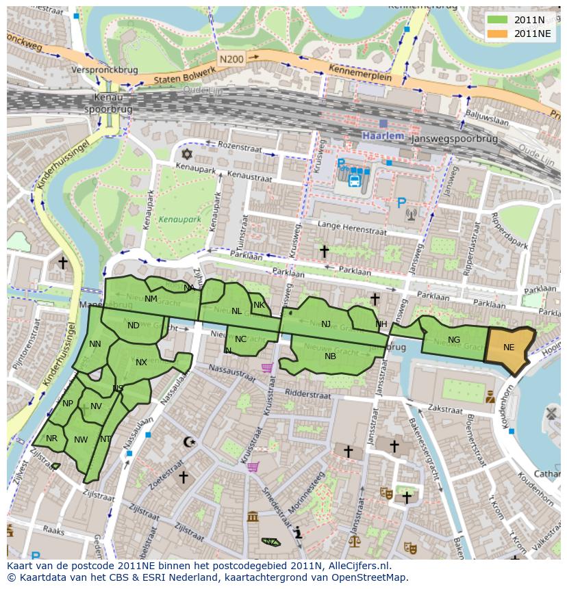 Afbeelding van het postcodegebied 2011 NE op de kaart.