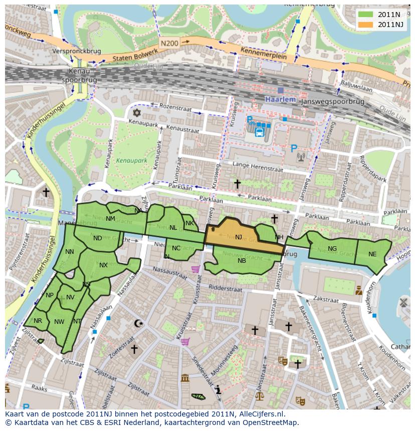 Afbeelding van het postcodegebied 2011 NJ op de kaart.