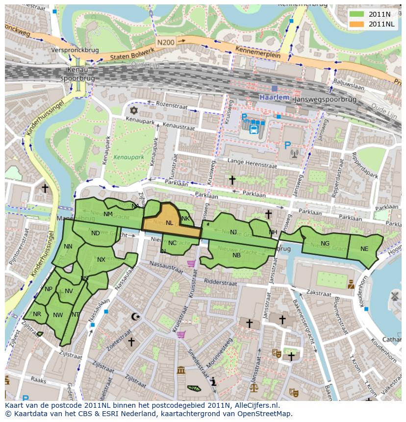 Afbeelding van het postcodegebied 2011 NL op de kaart.