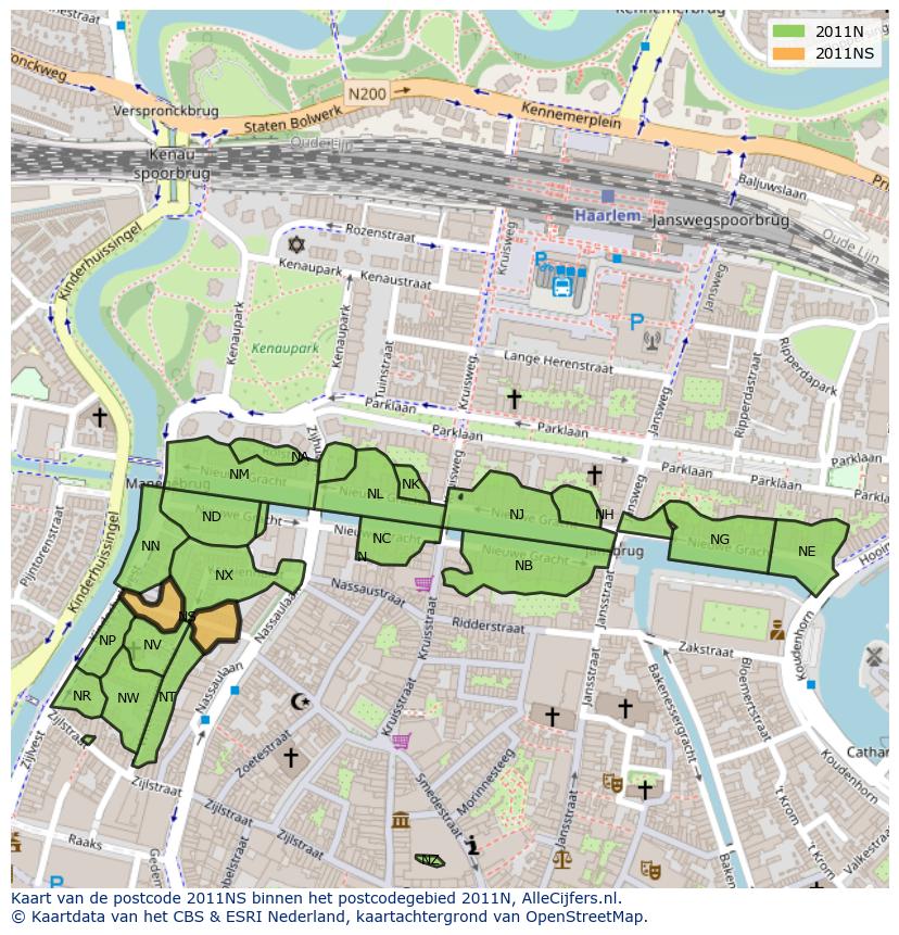 Afbeelding van het postcodegebied 2011 NS op de kaart.