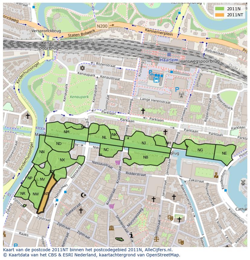 Afbeelding van het postcodegebied 2011 NT op de kaart.