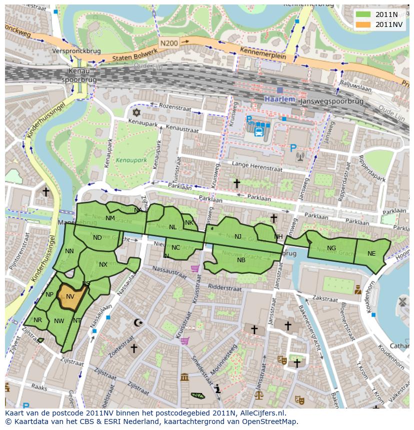 Afbeelding van het postcodegebied 2011 NV op de kaart.