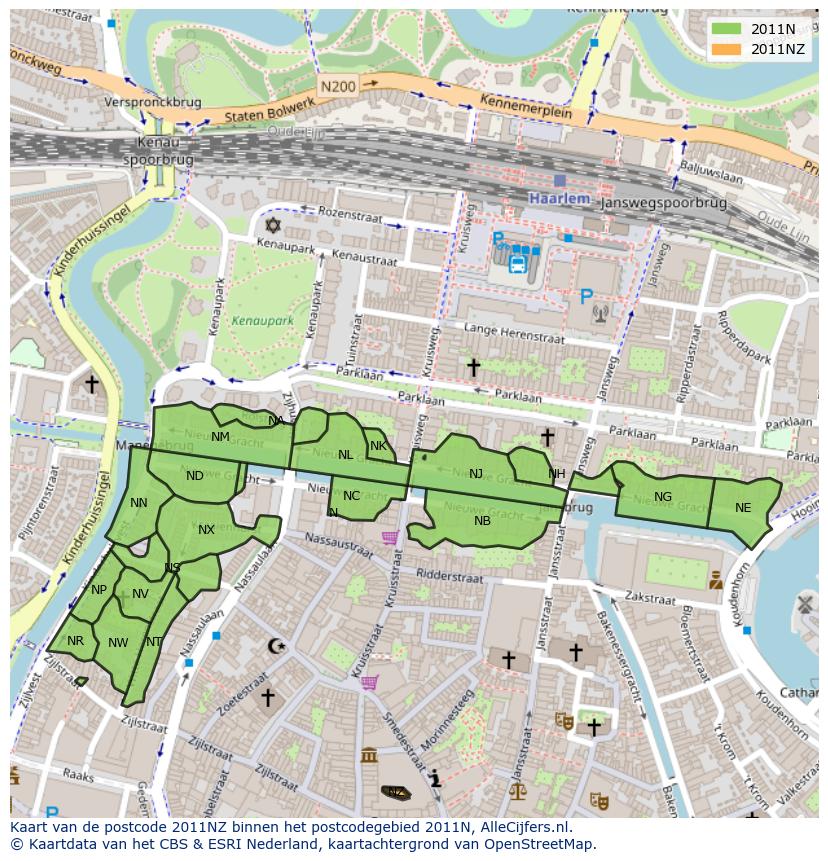 Afbeelding van het postcodegebied 2011 NZ op de kaart.