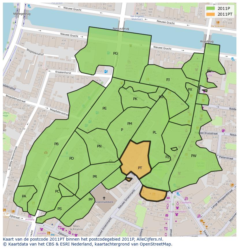 Afbeelding van het postcodegebied 2011 PT op de kaart.