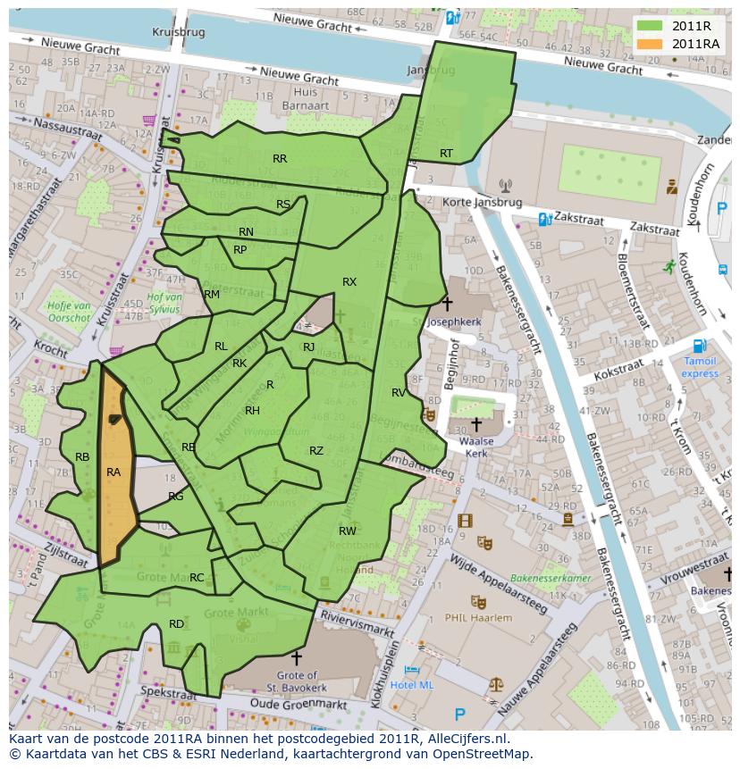 Afbeelding van het postcodegebied 2011 RA op de kaart.