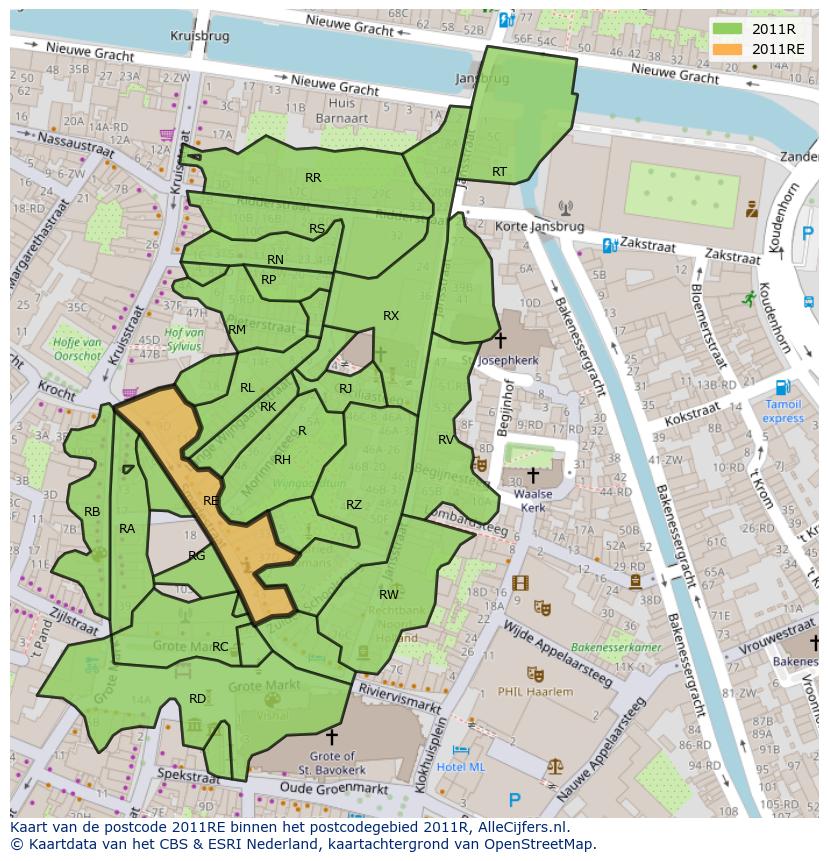 Afbeelding van het postcodegebied 2011 RE op de kaart.