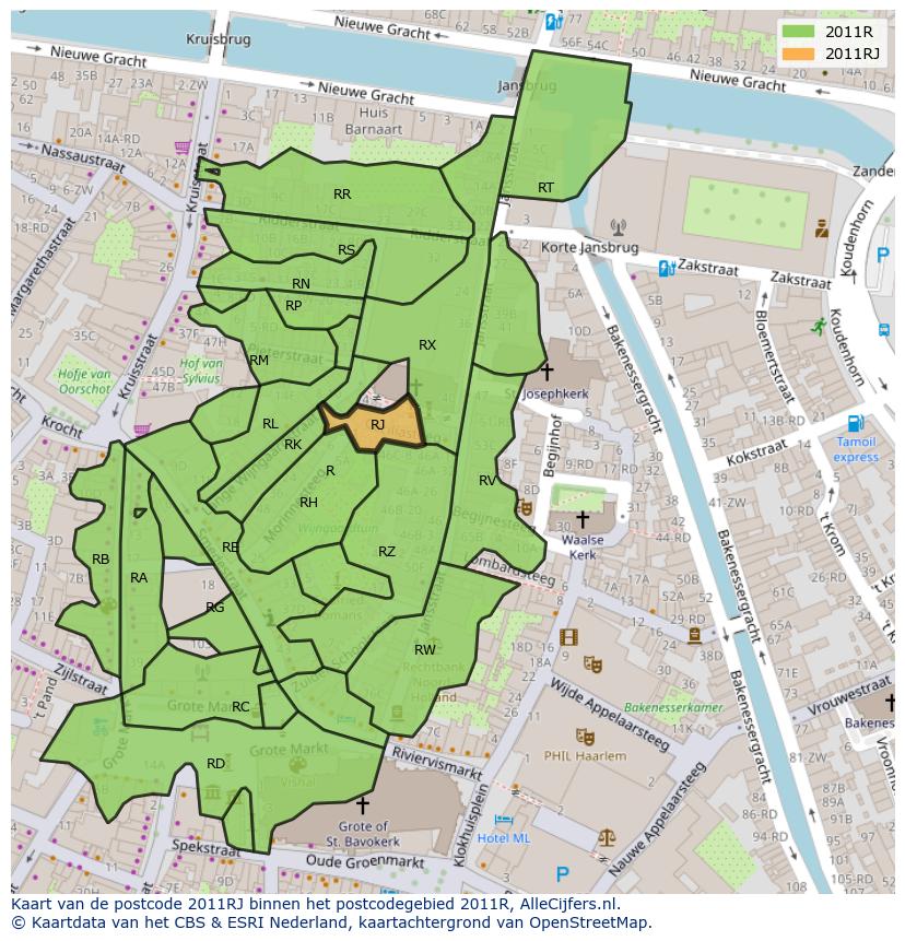 Afbeelding van het postcodegebied 2011 RJ op de kaart.