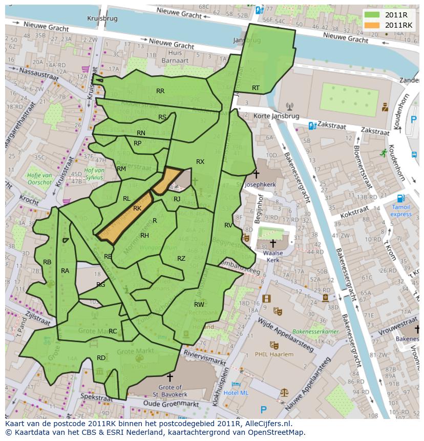 Afbeelding van het postcodegebied 2011 RK op de kaart.