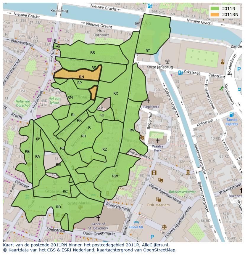 Afbeelding van het postcodegebied 2011 RN op de kaart.