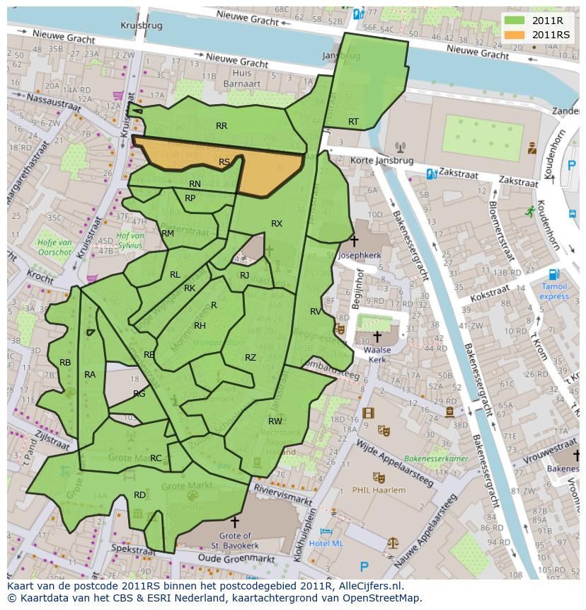 Afbeelding van het postcodegebied 2011 RS op de kaart.