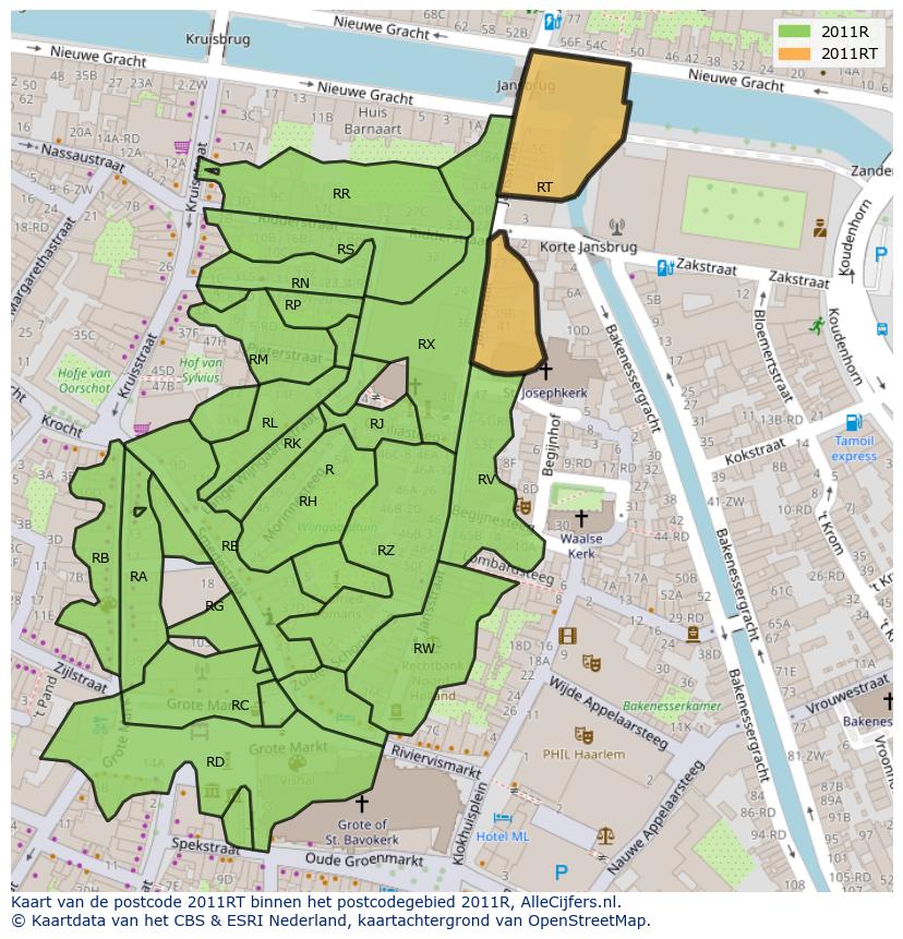 Afbeelding van het postcodegebied 2011 RT op de kaart.