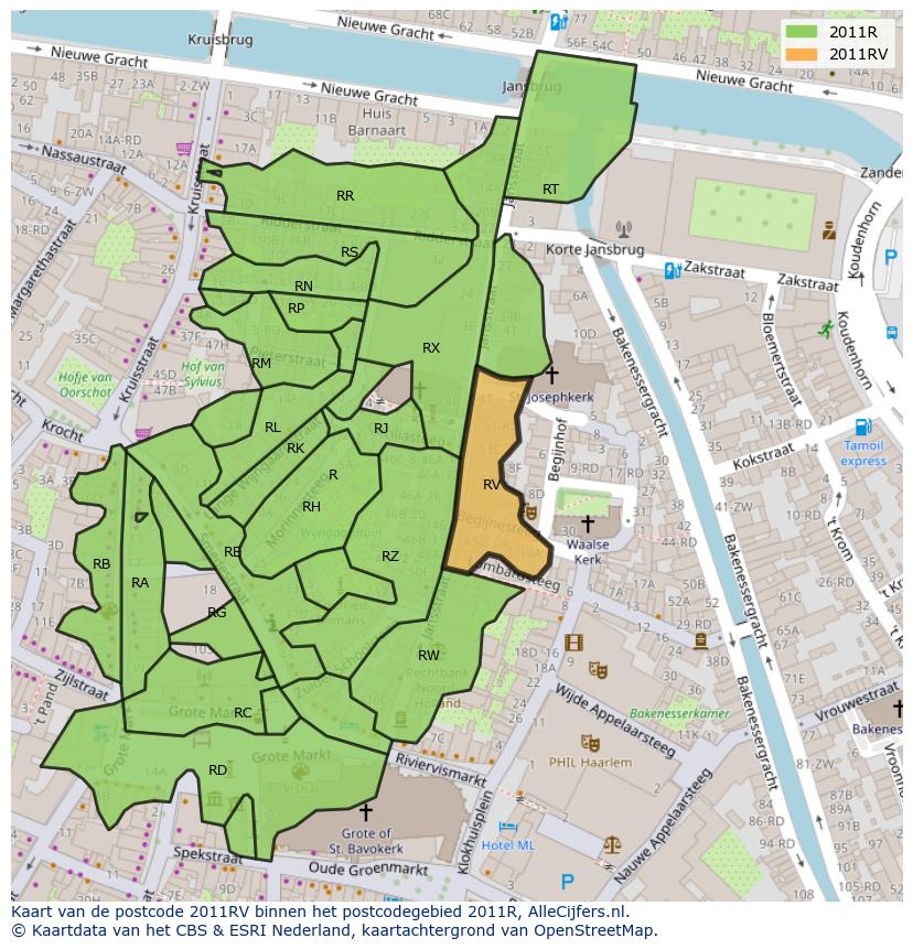 Afbeelding van het postcodegebied 2011 RV op de kaart.