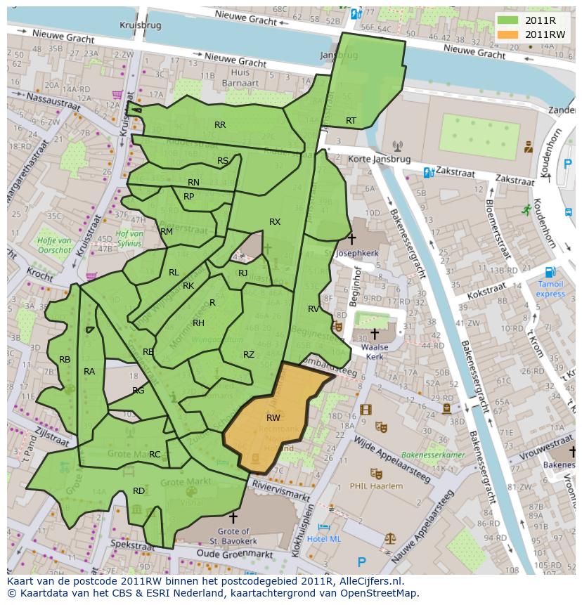 Afbeelding van het postcodegebied 2011 RW op de kaart.
