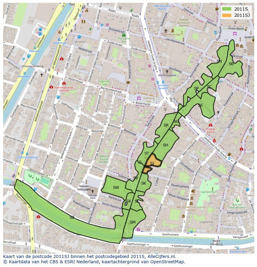 Afbeelding van het postcodegebied 2011 SJ op de kaart.