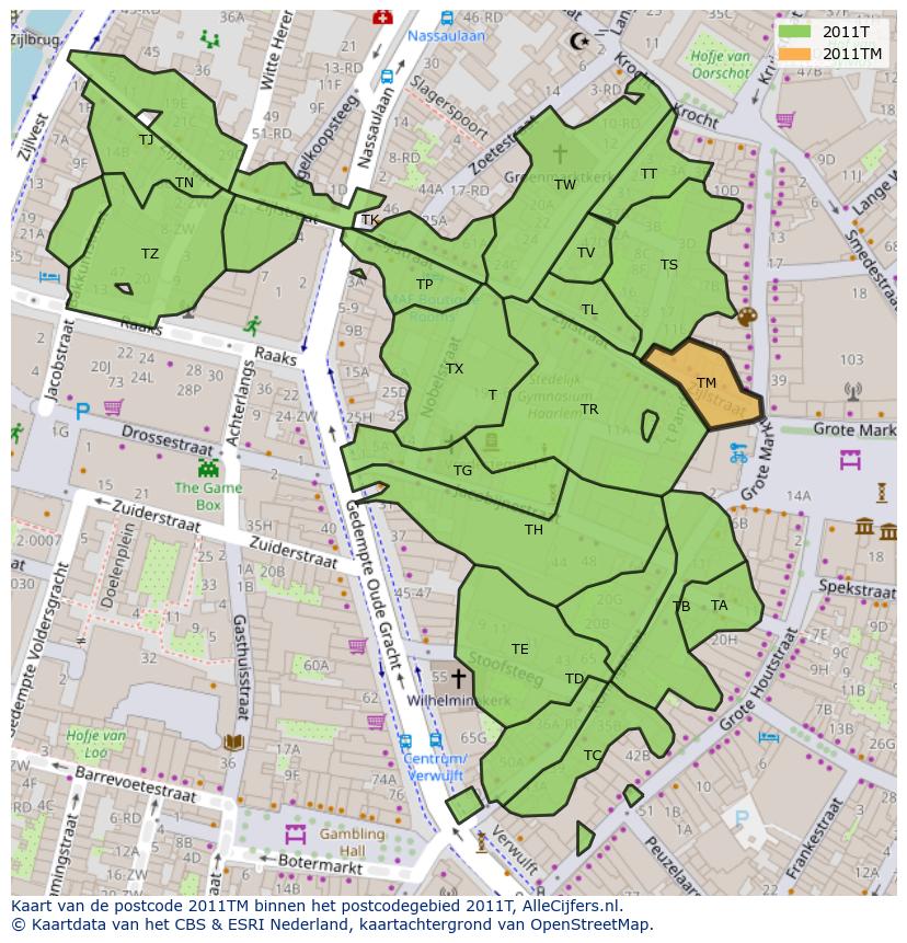 Afbeelding van het postcodegebied 2011 TM op de kaart.