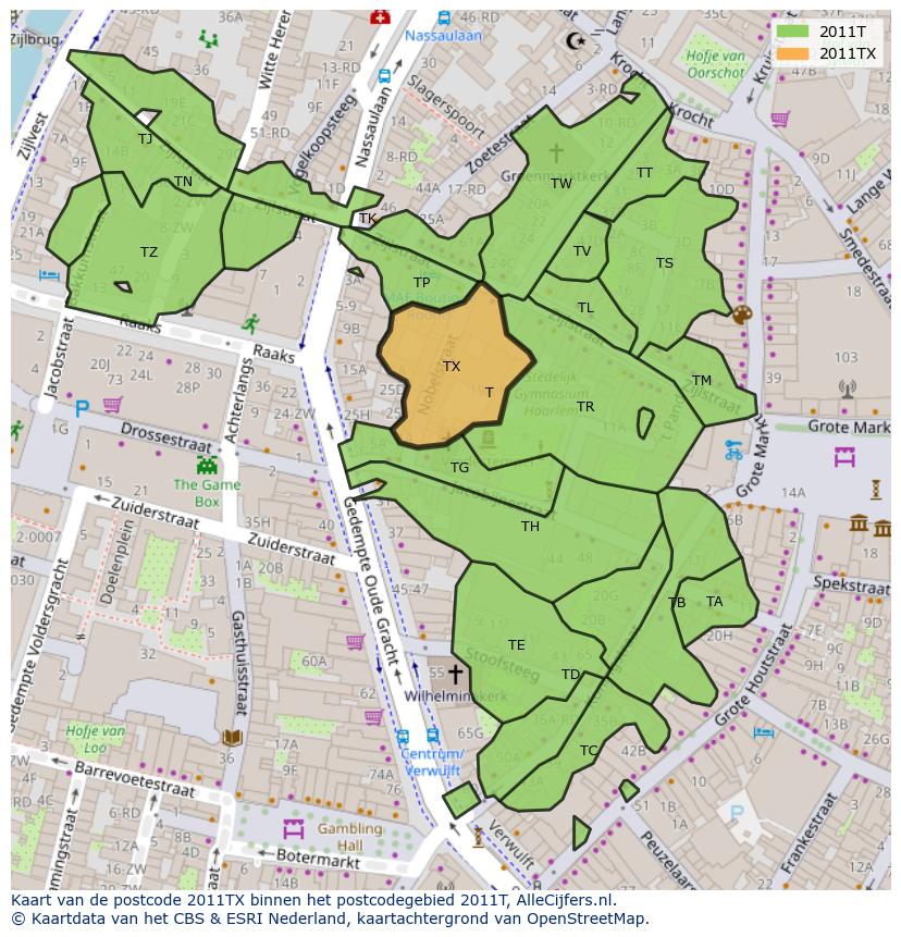 Afbeelding van het postcodegebied 2011 TX op de kaart.