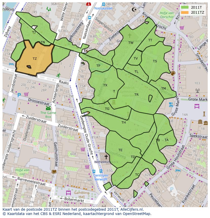 Afbeelding van het postcodegebied 2011 TZ op de kaart.