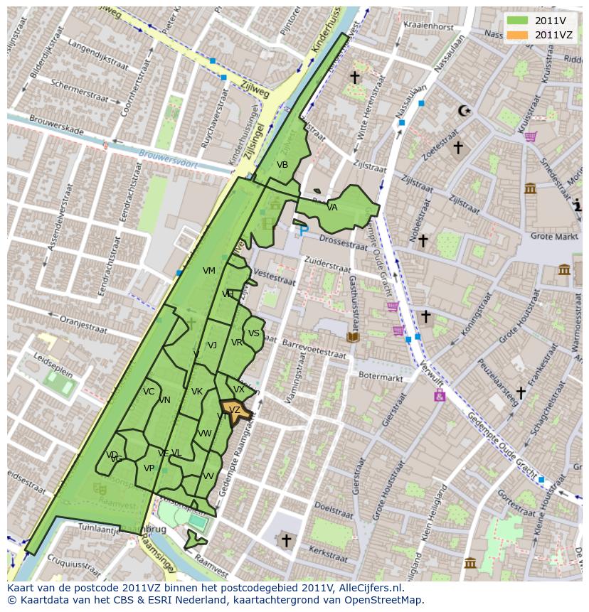 Afbeelding van het postcodegebied 2011 VZ op de kaart.