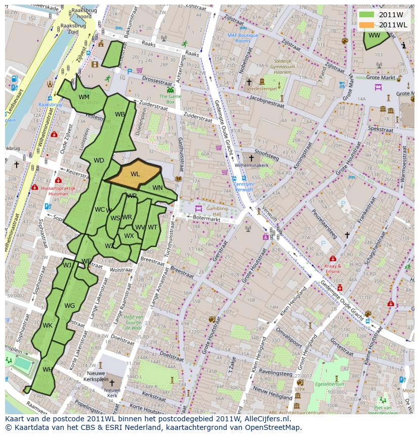 Afbeelding van het postcodegebied 2011 WL op de kaart.