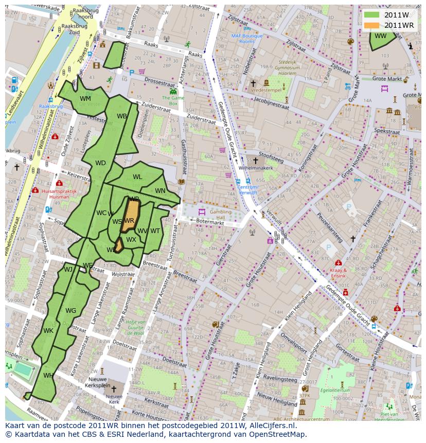 Afbeelding van het postcodegebied 2011 WR op de kaart.