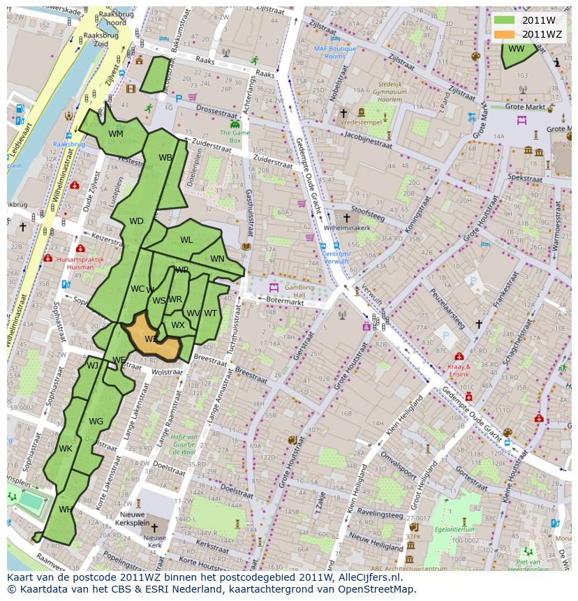 Afbeelding van het postcodegebied 2011 WZ op de kaart.