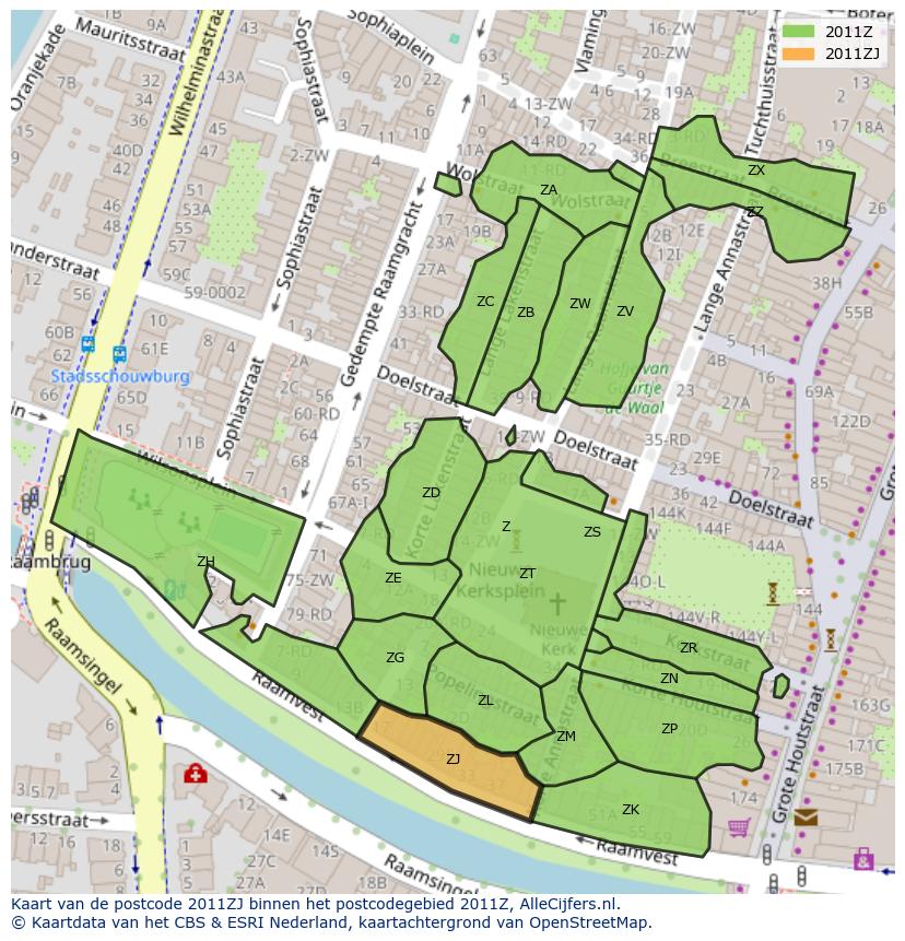 Afbeelding van het postcodegebied 2011 ZJ op de kaart.