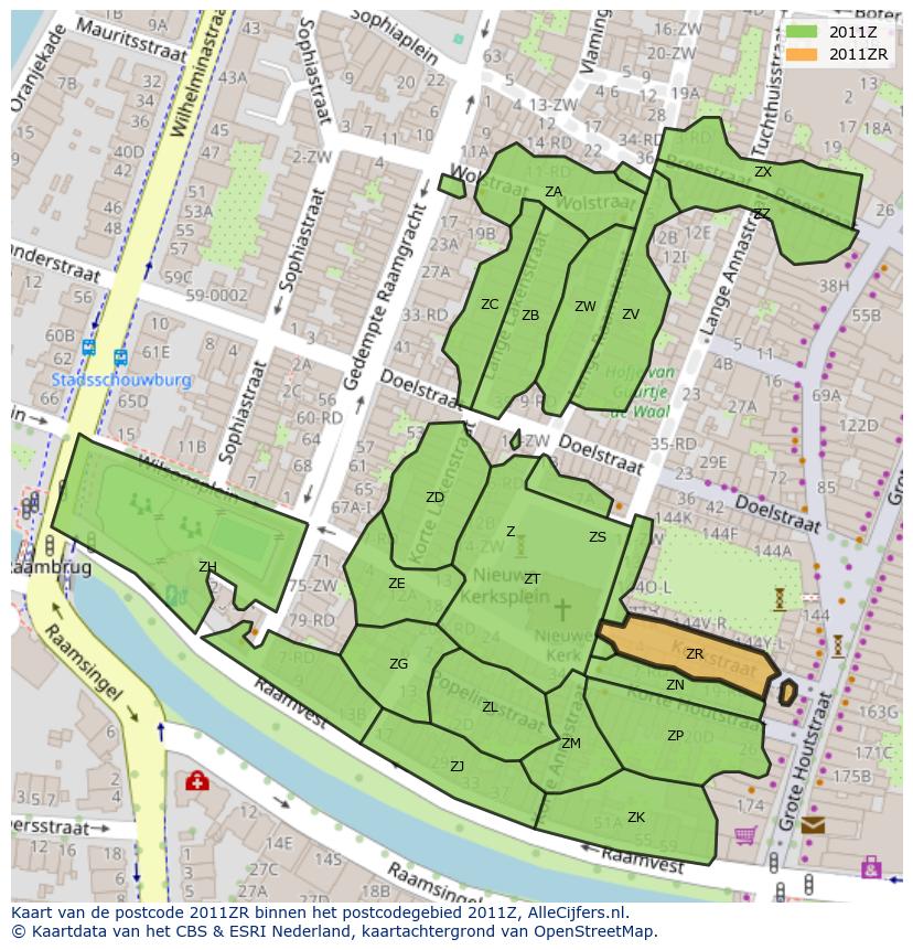 Afbeelding van het postcodegebied 2011 ZR op de kaart.