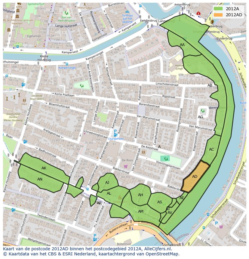 Afbeelding van het postcodegebied 2012 AD op de kaart.