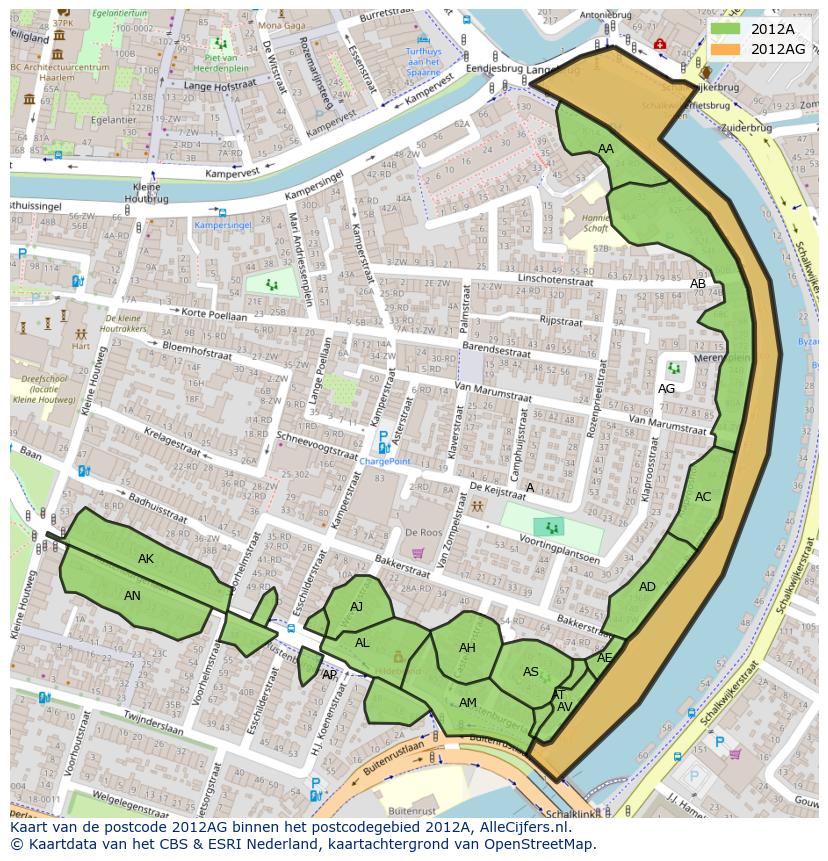 Afbeelding van het postcodegebied 2012 AG op de kaart.