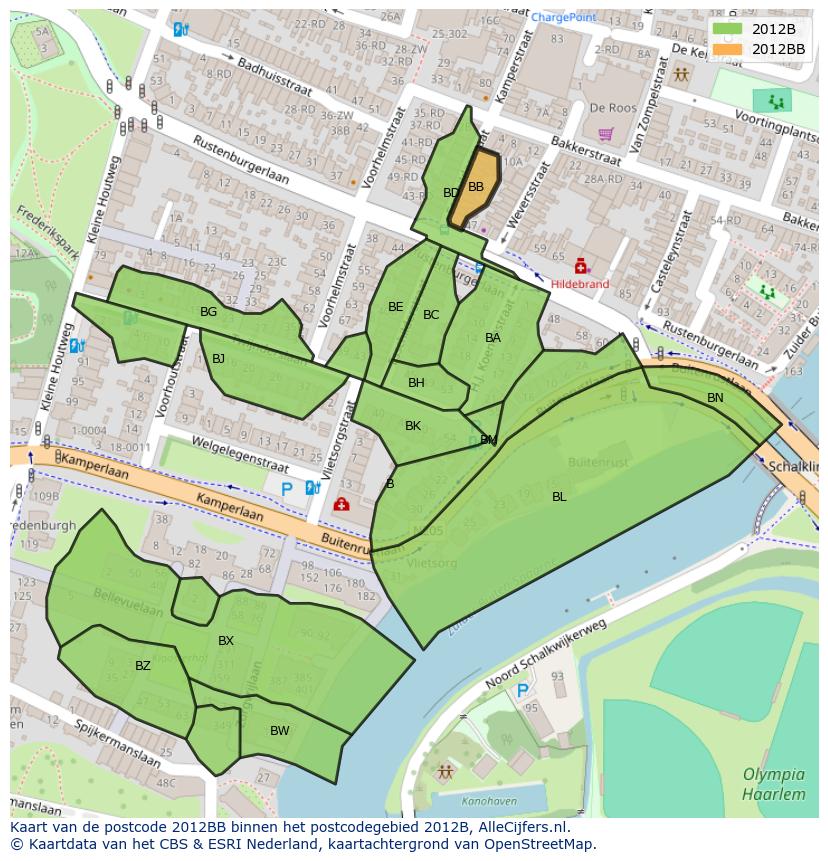 Afbeelding van het postcodegebied 2012 BB op de kaart.