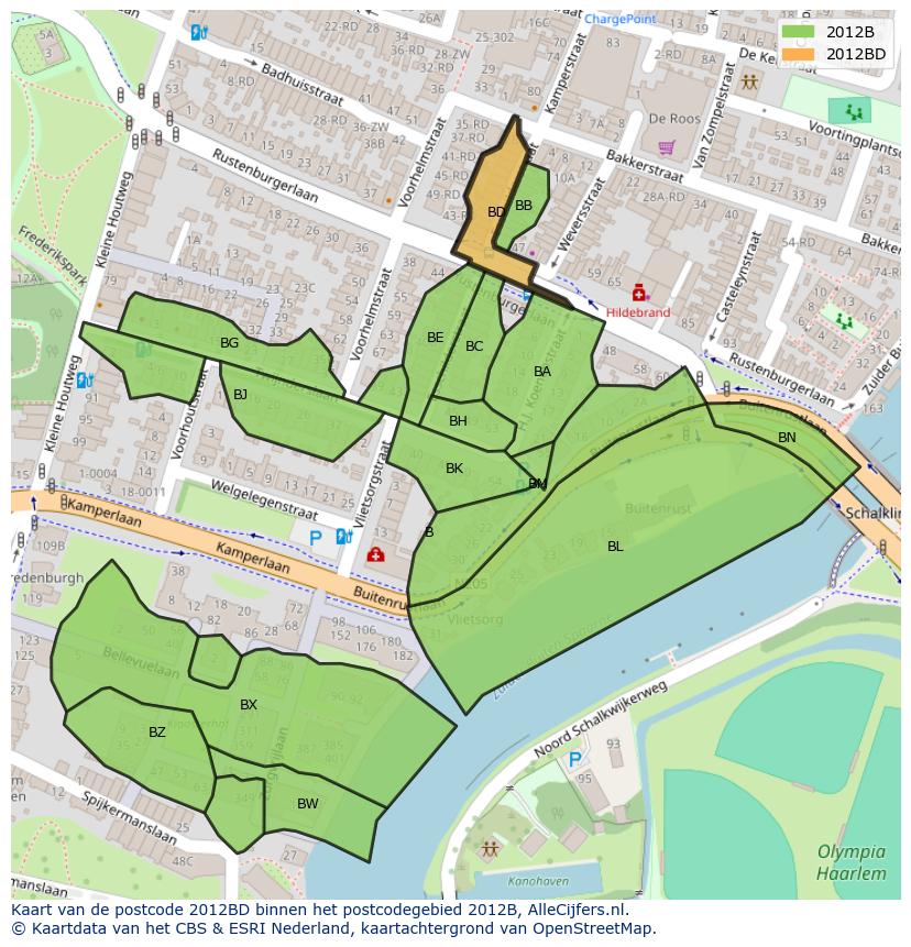Afbeelding van het postcodegebied 2012 BD op de kaart.