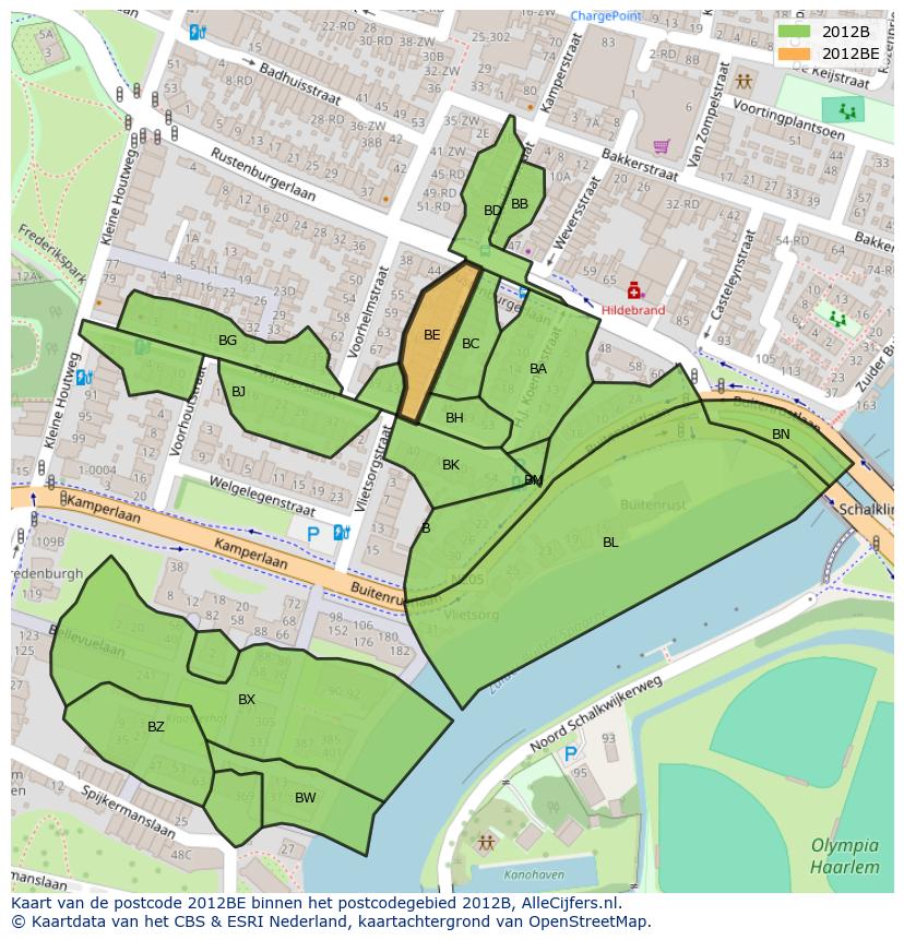 Afbeelding van het postcodegebied 2012 BE op de kaart.